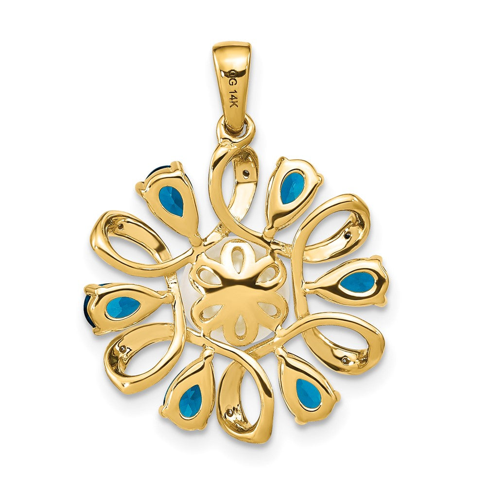 14K Yellow Gold Diamond And 6 7mm Button Fwc Pearl/London Blue Topaz Pendant