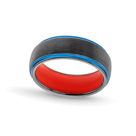 8.0mm Multi-Finish Stepped Edge Wedding Band in Two-Tone Tungsten and Orange Silicone - Size 10