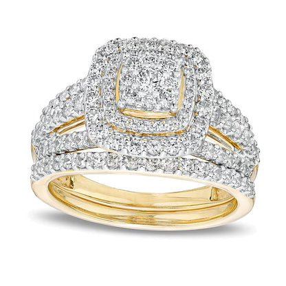 1.13 CT. TW Cushion-Shape Multi-Diamond Frame Split Shank Multi-Row Bridal Set in 10K Gold