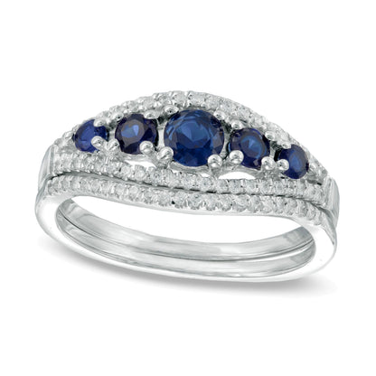 Lab-Created Blue Sapphire and 0.25 CT. TW Diamond Five Stone Bridal Set in 10K White Gold