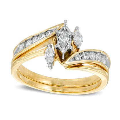 0.5 CT. TW Marquise Diamond Three Stone Slant Bridal Set in 10K Gold