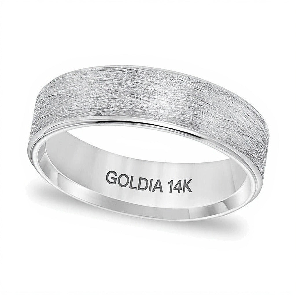 6.0mm Comfort-Fit Brushed Wire-Textured Wedding Band in 14K White Gold