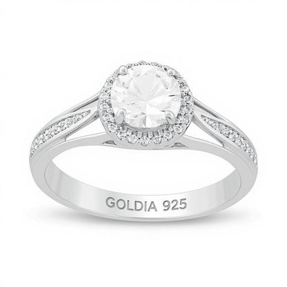 6.0mm Lab-Created White Sapphire and 0.13 CT. TW Diamond Frame Split Shank Ring in Sterling Silver