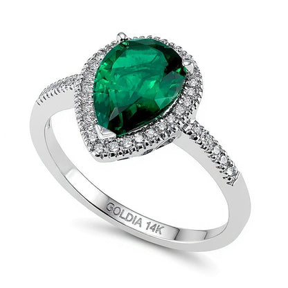 Pear-Shaped Lab-Created Emerald and 0.2 CT. TW Diamond Frame Ring in 14K White Gold