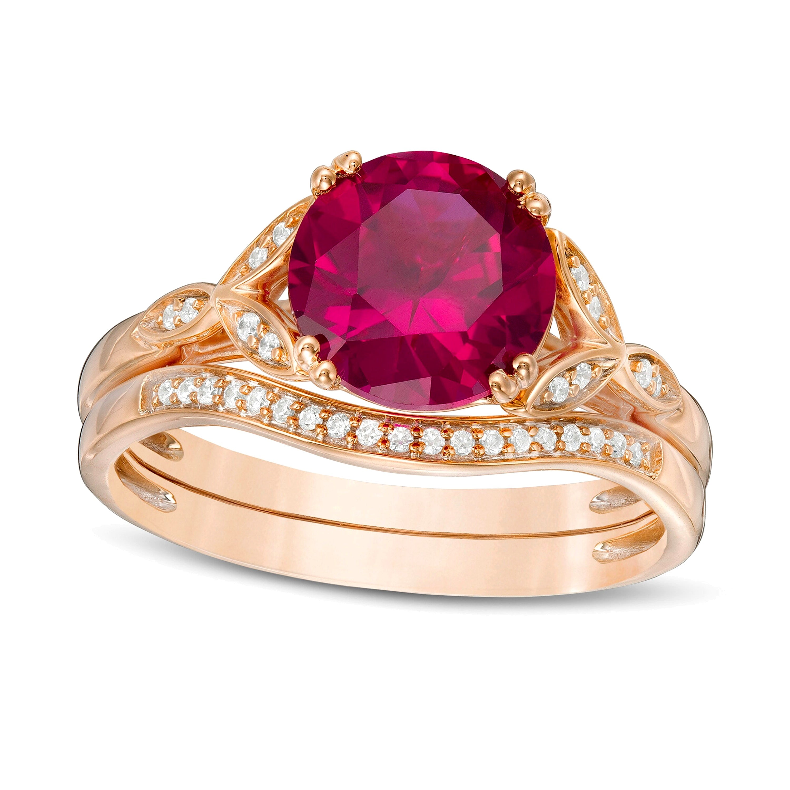 8.0mm Lab-Created Ruby and 0.1 CT. TW Diamond Leaf Sides Bridal Set in 10K Rose Gold