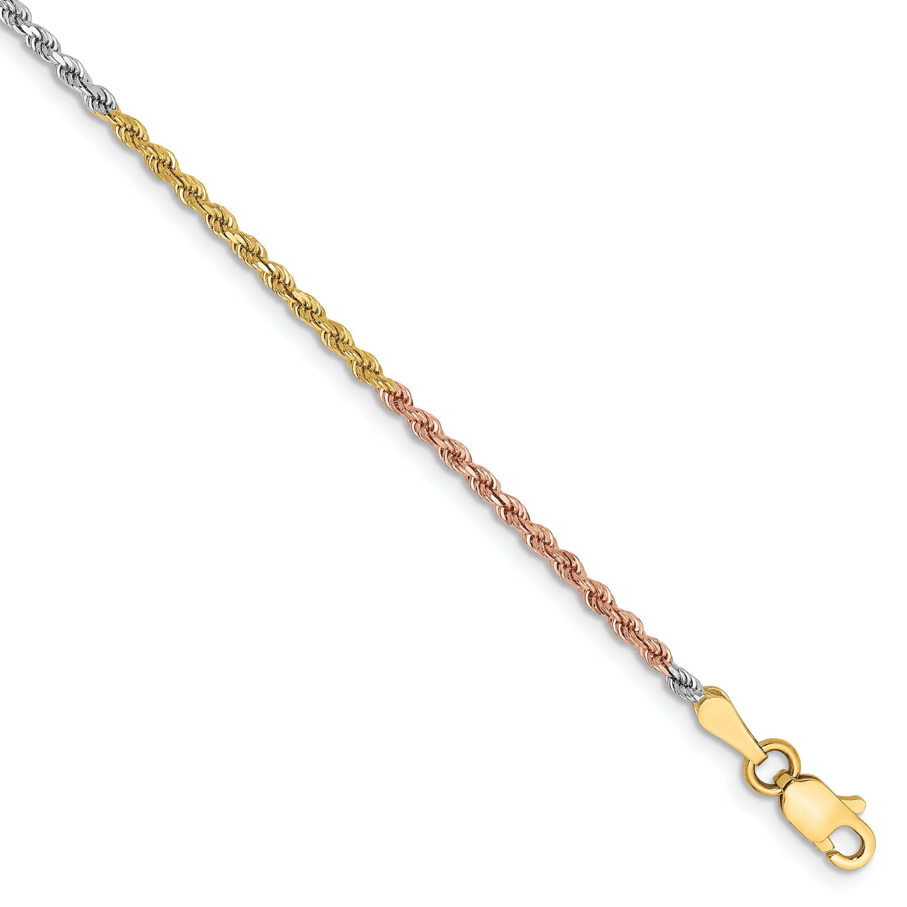 14k Tri-Color Tri-colored 10 inch 1.75mm Diamond-cut Rope with Lobster Clasp Anklet