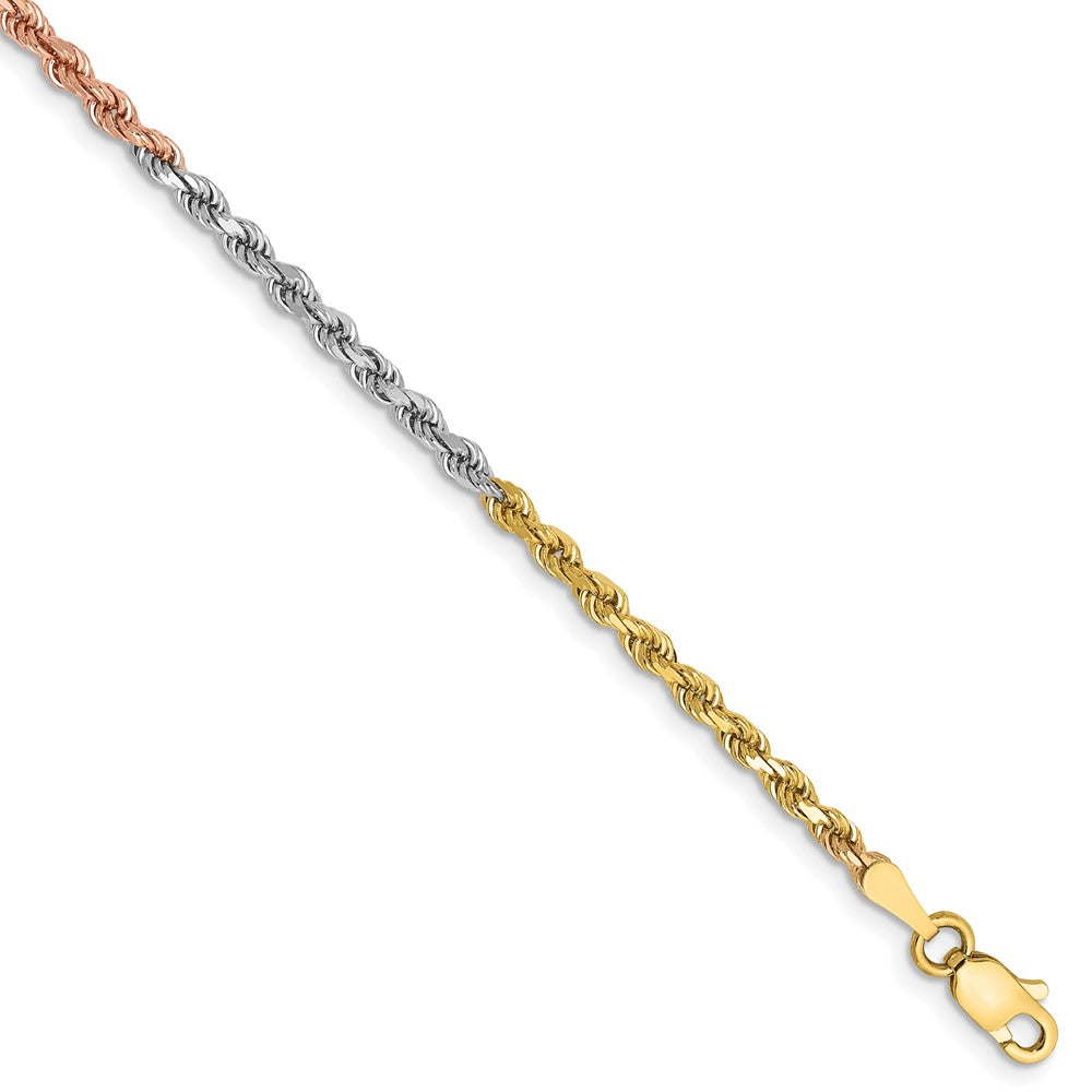 14k Tri-Color Tri-colored 7 inch 2.5mm Diamond-cut Rope with Lobster ...