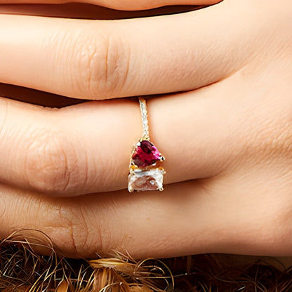 Heart-Shaped Lab-Created Ruby, Emerald-Cut White Lab-Created Sapphire and 0.07 CT. TW Diamond Ring in 10K Gold