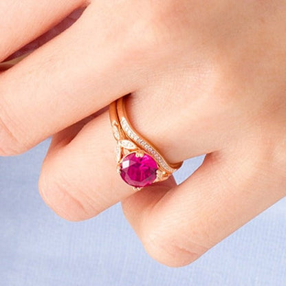 8.0mm Lab-Created Ruby and 0.1 CT. TW Diamond Leaf Sides Bridal Set in 10K Rose Gold