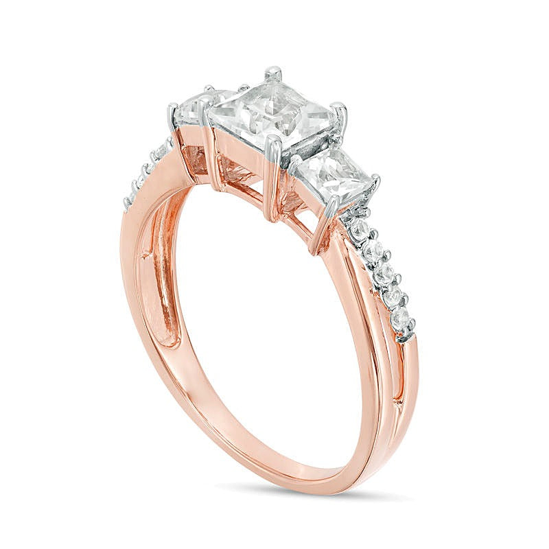 Princess-Cut Lab-Created White Sapphire Three Stone Engagement Ring in 10K Rose Gold