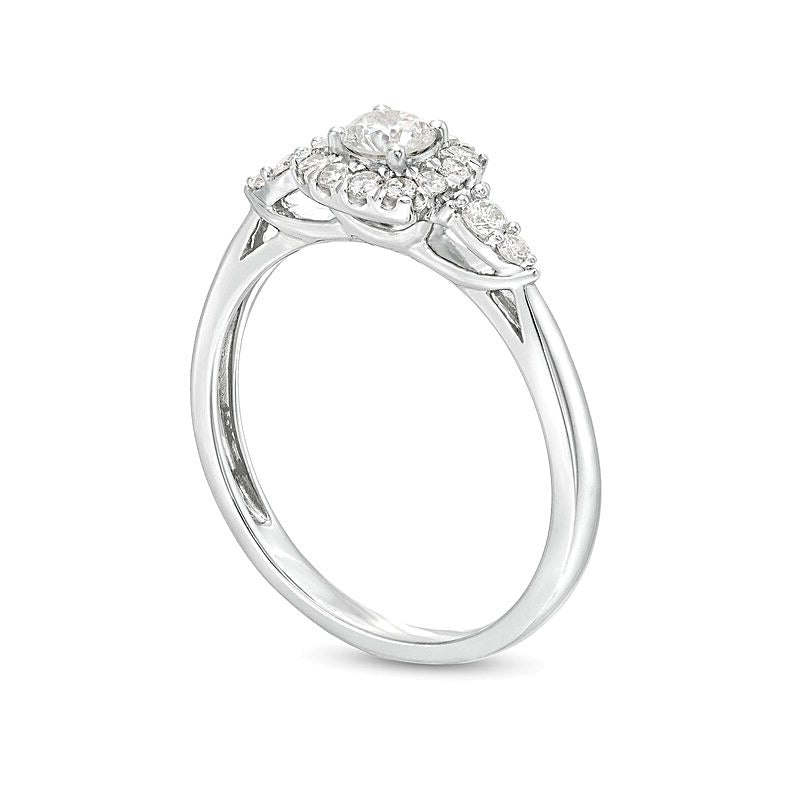 0.5 CT. TW Diamond Cushion-Shaped Frame Leaf-Sides Engagement Ring in 10K White Gold (J/I3)