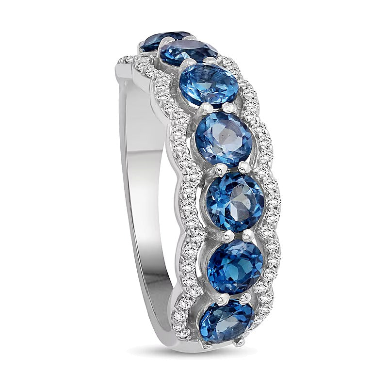 4.0mm London Blue Topaz and White Lab-Created Zircon Scallop Border Seven Stone Ring in Sterling Silver