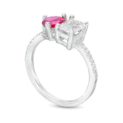 Heart-Shaped Lab-Created Ruby, Emerald-Cut White Lab-Created Sapphire and 0.07 CT. TW Diamond Ring in 10K White Gold