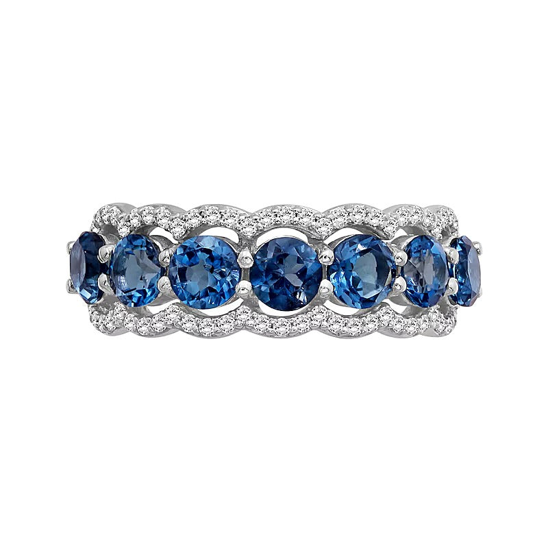 4.0mm London Blue Topaz and White Lab-Created Zircon Scallop Border Seven Stone Ring in Sterling Silver