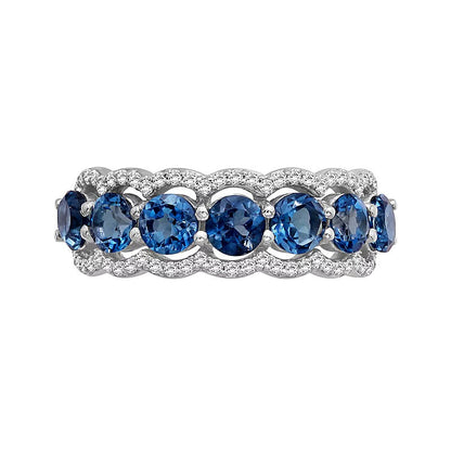 4.0mm London Blue Topaz and White Lab-Created Zircon Scallop Border Seven Stone Ring in Sterling Silver