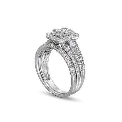 1.0 CT. TW Emerald-Shaped Multi-Diamond Frame Multi-Row Bridal Set in 10K White Gold