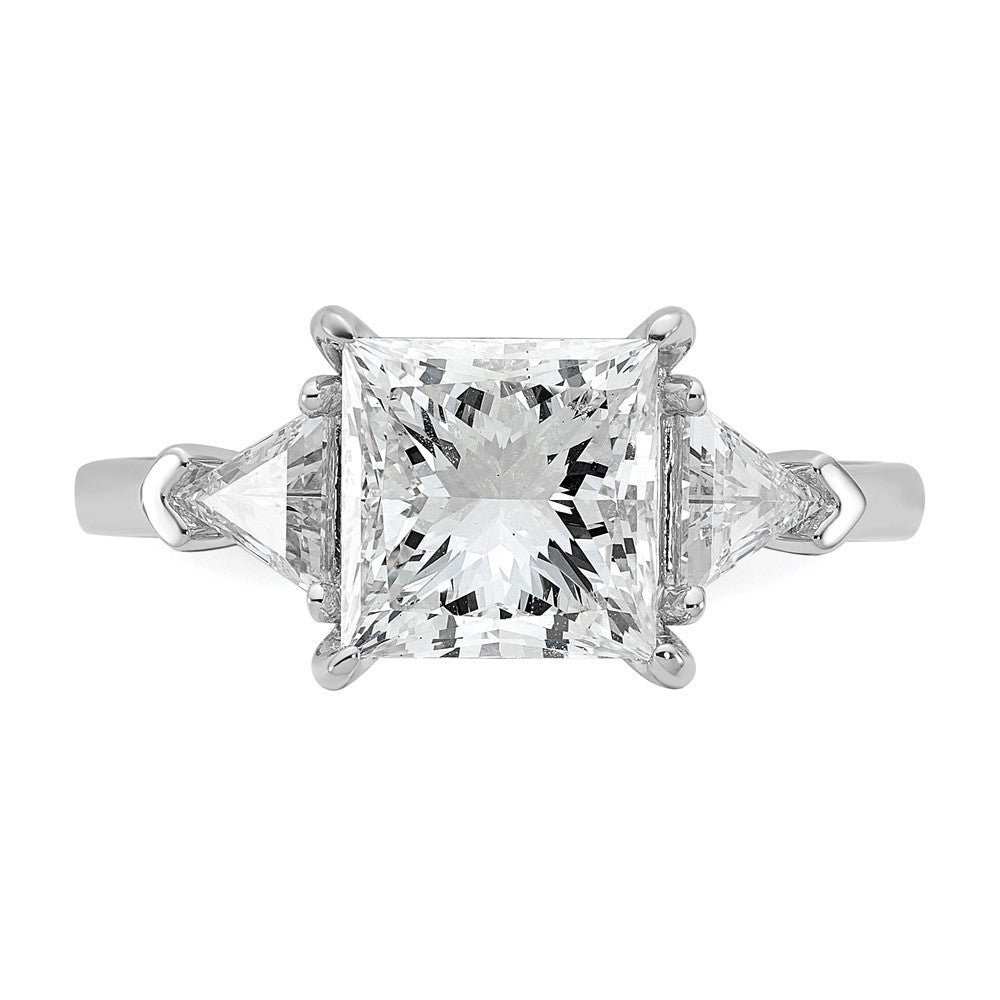14K White Gold 5/8 carat Lab Grown Diamond VS+ F+ Trillion and 2 1/2 carat Princess Center Semi Mount Three Stone Engagement Ring