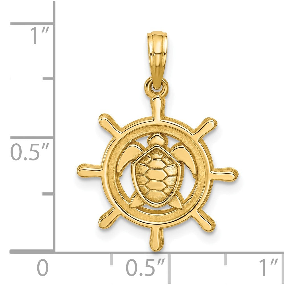 14K Yellow Gold Polished Turtle in Ships Wheel Pendant