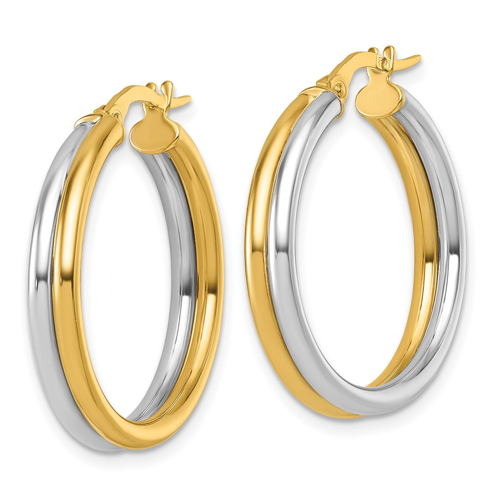 14K Yellow Gold with Rhodium Polished 4.00mm x 24mm Round Hoop Earrings