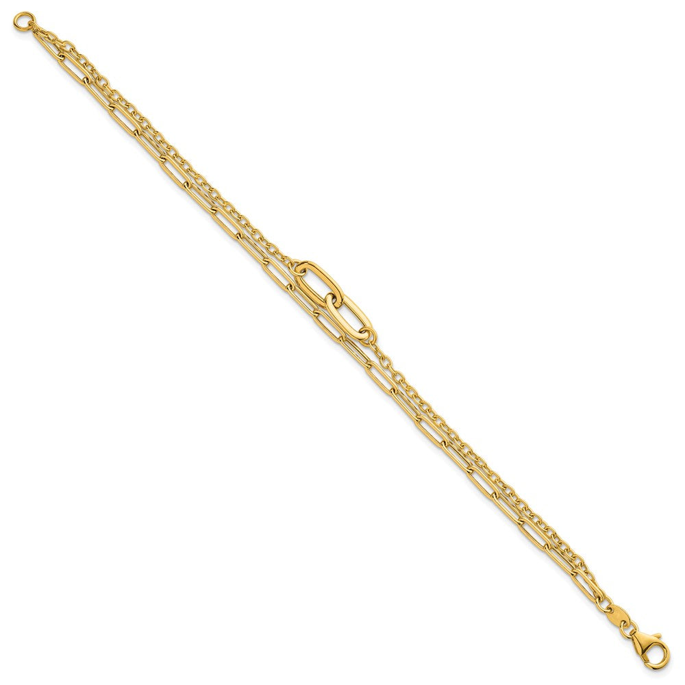14K Yellow Gold Polished Paperclip and Oval Cable Link Double Strand 7.5 Inch Bracelet