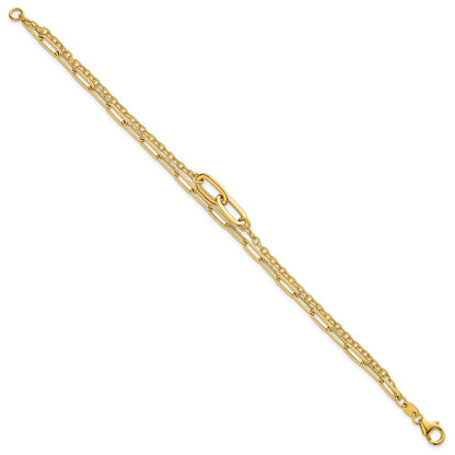 14K Yellow Gold Polished Paperclip and Oval Cable Link Double Strand 7.5 Inch Bracelet