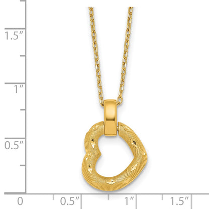 14K Yellow Gold Polished Textured and Diamond-cut Fancy Heart Pendant 16 Inch Necklace with 2.25 Inch Extender