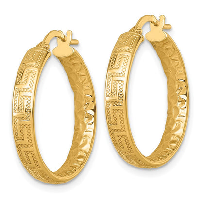 14K Yellow Gold Polished Greek Key Design Textured 4.00 x 24mm Tube Hoop Earrings