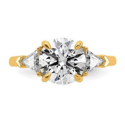 14K Yellow Gold 5/8 carat Lab Grown Diamond VS/SI+ G+ Triangle 2 1/2 carat Round Semi Mount Three Stone Engagement Ring
