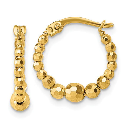 14K Yellow Gold Polished Diamond-cut Graduated Beaded Hoop Earrings