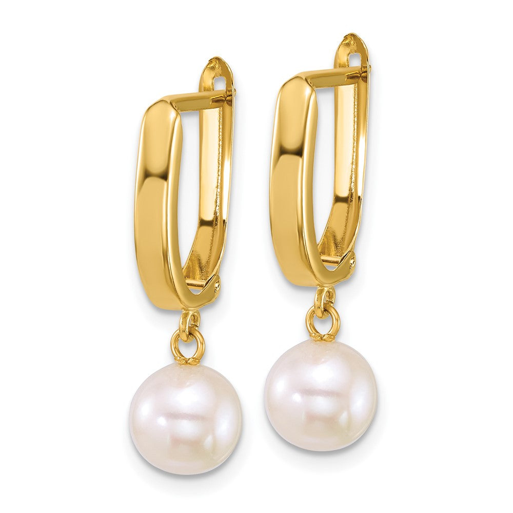 14K Yellow Gold Polished 7-8mm Round Freshwater Cultured Pearl Dangle Hoop Earrings