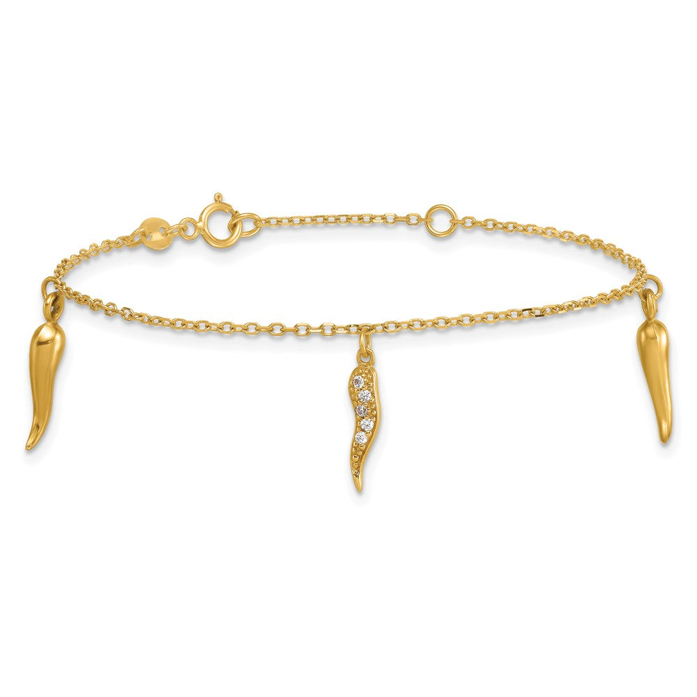 14K Yellow Gold Polished CZ Three Italian Horn Dangles 5.75 Inch Childrens Bracelet Plus 0.75 Inch Extender