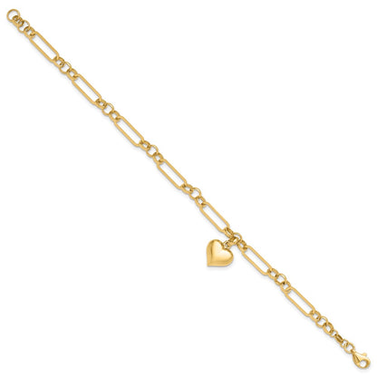 14K Yellow Gold Polished Puffed Heart Charm Dangle Figaro Link 7.5 Inch Bracelet