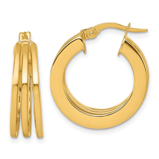 14K Yellow Gold Polished Triple Row 6.6mm x 20mm Square Tube Round Hoop Earrings