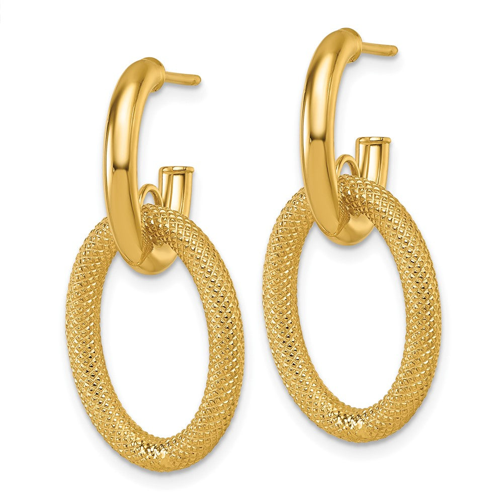 14K Yellow Gold Polished and Textured Oval Dangle C-Hoop Post Earrings