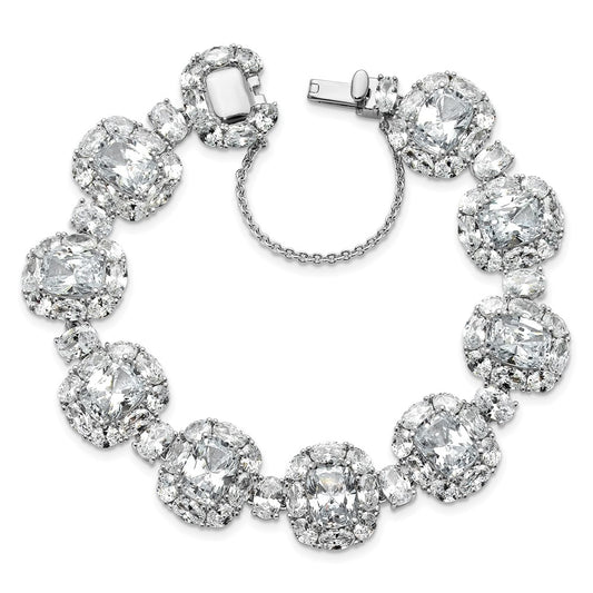 Cheryl M Sterling Silver Rhodium-plated Polished Fancy Cushion-cut CZ Halo Cluster with Safety Chain Bracelet