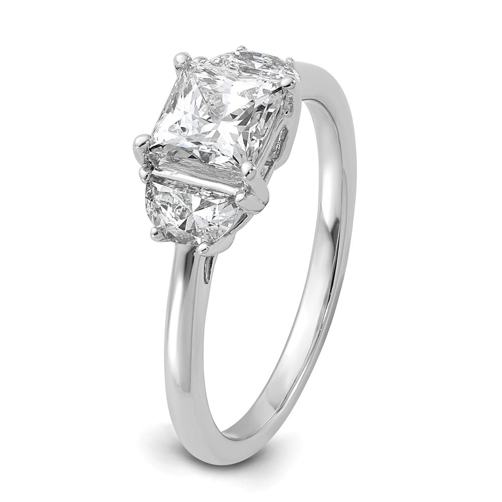 14K White Gold 3/8 carat Lab Grown Diamond VS/SI+ G+ Half Moon 1 carat Princess Center Semi Mount Three Stone Engagement Ring