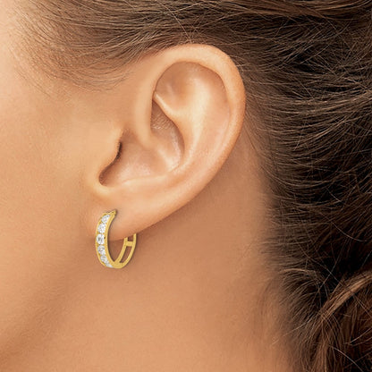14K Yellow Gold Polished CZ 4x16mm Huggie Hoop Earrings
