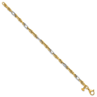 14K Yellow Gold with Rhodium Polished 4.2mm Fancy Rope Chain 7.5 Inch Bracelet