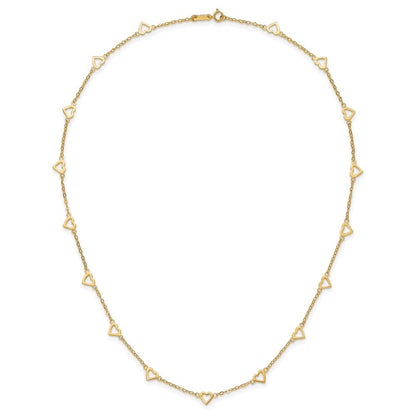 14K Yellow Gold Polished Open Hearts with Heart Link Chain 24 Inch Station Necklace