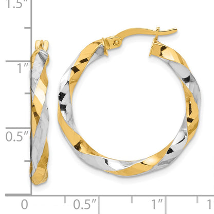14K Yellow Gold with Rhodium Polished and Diamond-cut Twisted Hoop Earrings