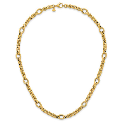 14K Yellow Gold Polished and Textured Rolo and Oval Fancy Chain 18 Inch Necklace