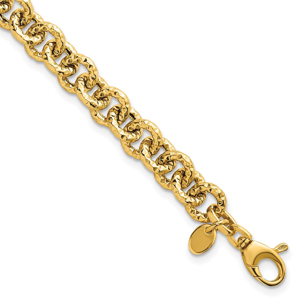 14K Yellow Gold Polished and Textured 7.3mm Cable Chain 7.5 Inch Bracelet