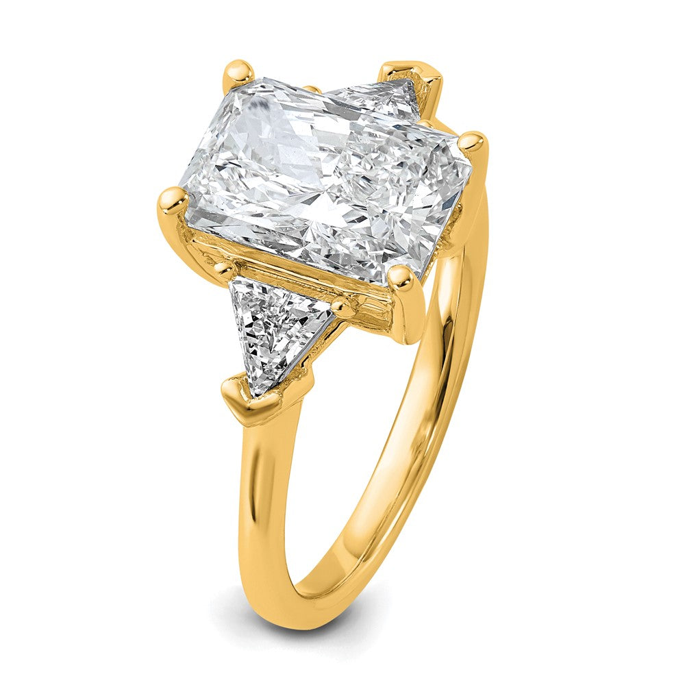 14K Yellow Gold 5/8 carat Lab Grown Diamond VS+ F+ Triangle 2 1/2 carat Radiant Center Semi Mount Three Stone Engagement Ring