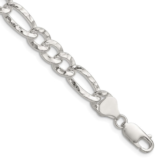 Sterling Silver 7.6mm Hammered Figaro 24 Inch Chain
