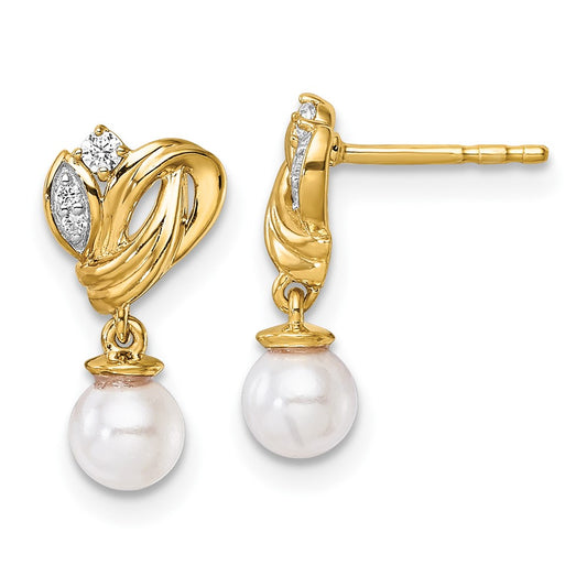 14K Yellow Gold Polished 1/15 carat Diamond and Freshwater Cultured Pearl Dangle Post Earrings