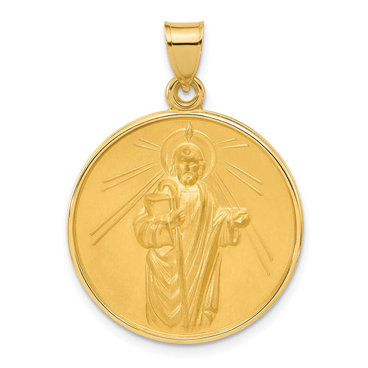 14K Yellow Gold Polished and Satin Large Solid St Jude Thaddeus Medal Round Pendant