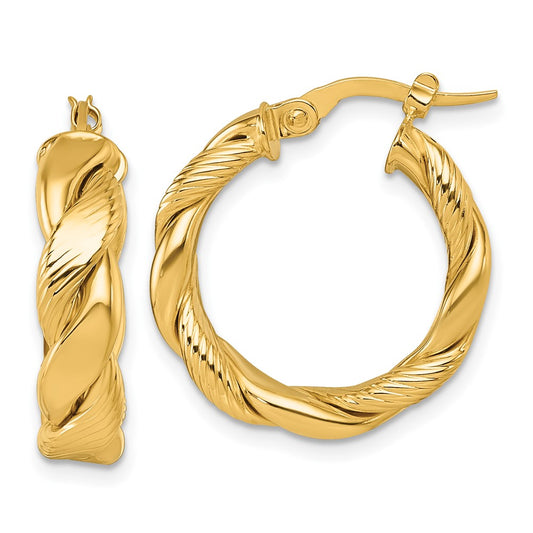 14K Yellow Gold Polished and Textured Twisted 5.00mm x 20mm Round Tube Hoop Earrings