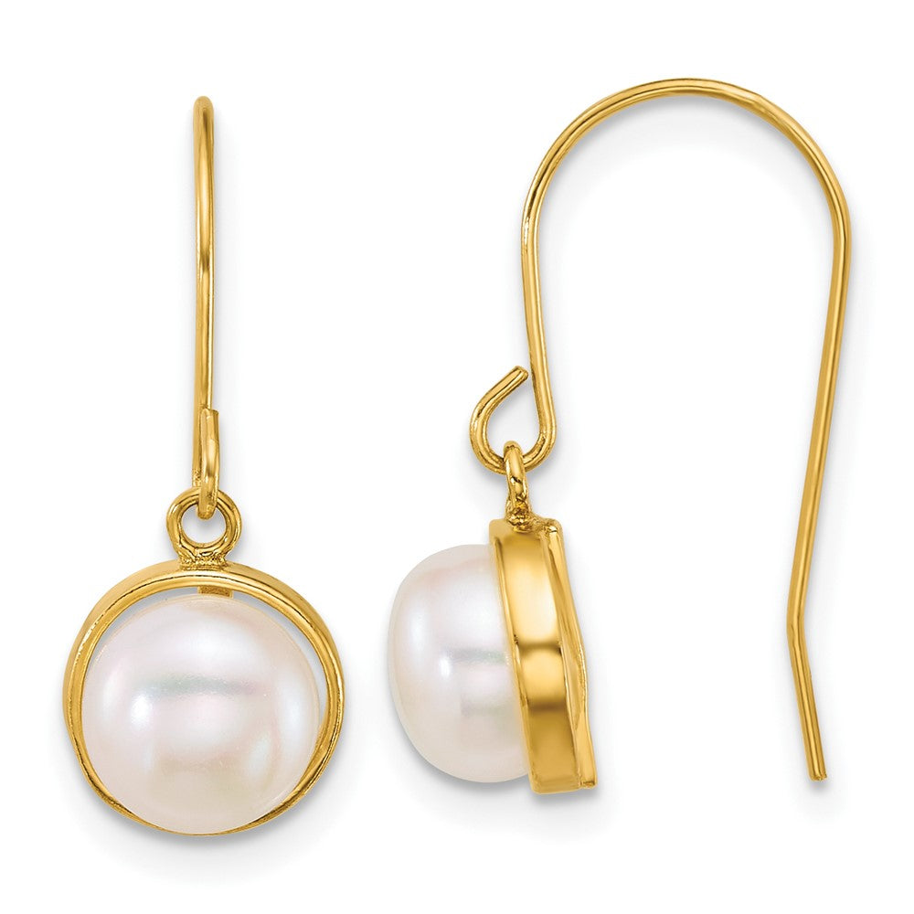 14K Yellow Gold Polished 6-7mm Button Freshwater Cultured Pearl Dangle Shepherd Hook Earrings
