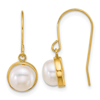 14K Yellow Gold Polished 6-7mm Button Freshwater Cultured Pearl Dangle Shepherd Hook Earrings