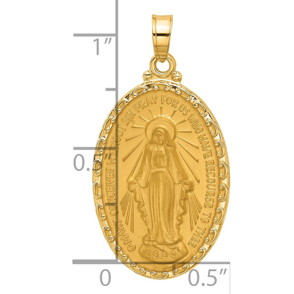 14K Yellow Gold Polished and Satin Solid Miraculous Medal Oval Pendant